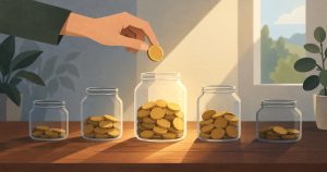 Ruka drží minci nad řadou nádob s různou hladinou mincí