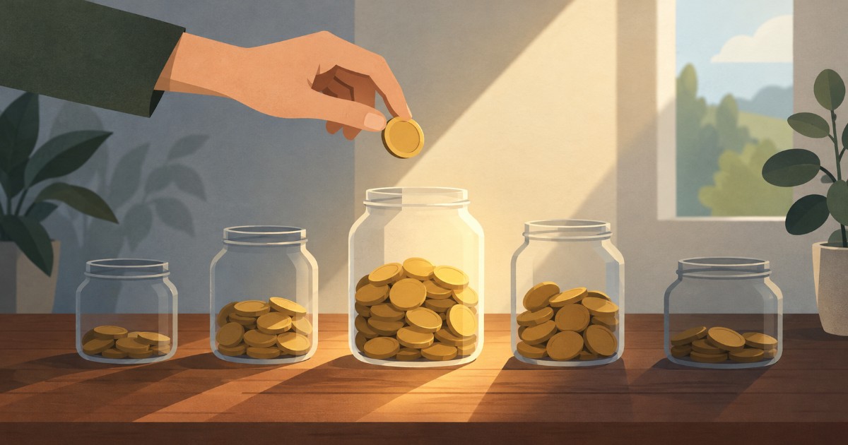 Ruka drží minci nad řadou nádob s různou hladinou mincí